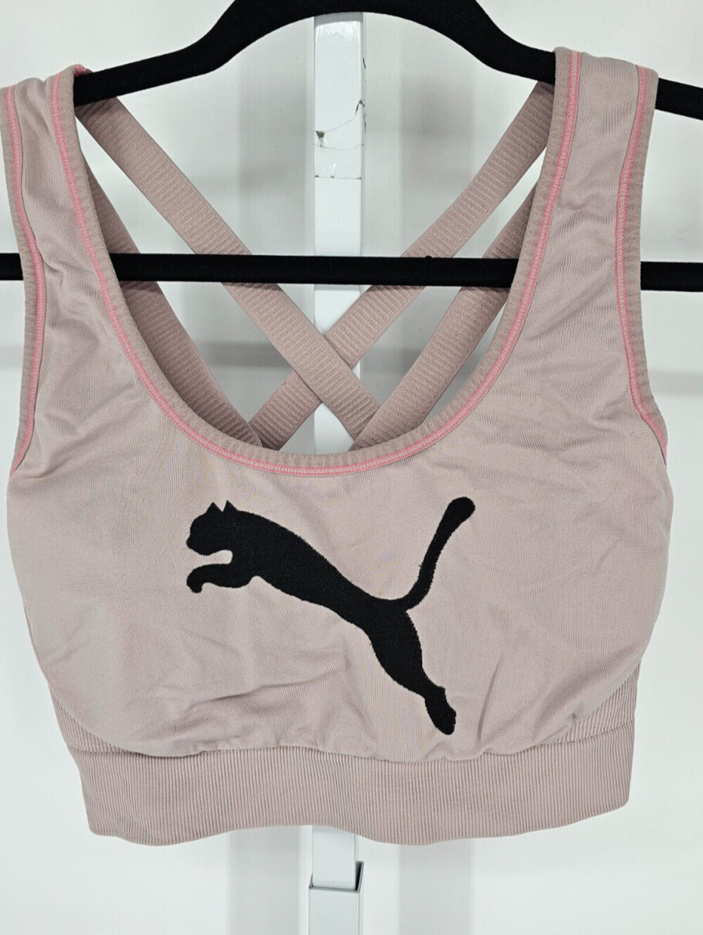 Puma Womens Sz L High Impact Sports Bra Light Pink Black Strappy Back